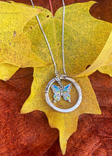 Load image into Gallery viewer, Repurposed Louis Vuitton Keyring & Enameled Butterfly Charm Necklace