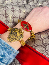 Load image into Gallery viewer, *Very Rare* Repurposed Gucci Bee Charm Red & Gold Tone Vintage Bracelet