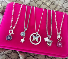 Load image into Gallery viewer, Repurposed Louis Vuitton Keyring & Enameled Butterfly Charm Necklace