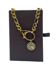 Load image into Gallery viewer, Repurposed Louis Vuitton Clasp & Celestial Abalone Shell Charm Necklace