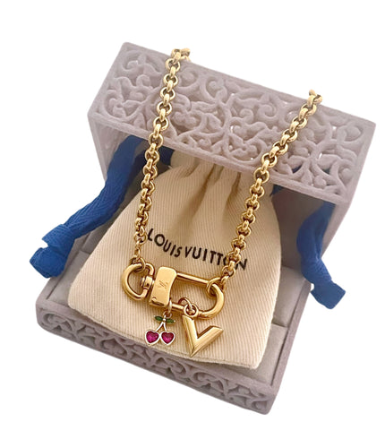 Repurposed Louis Vuitton Puffy V Logo Charm & Heart Shaped Cerises KeyClap Necklace