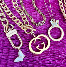 Load image into Gallery viewer, Repurposed Louis Vuitton Keyring & Irisdicent Butterfly Charm Necklace