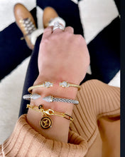 Load image into Gallery viewer, Repurposed Louis Vuitton Gold & Café Charm Paper Clip Bracelet