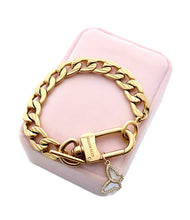 Load image into Gallery viewer, Repurposed Louis Vuitton Keyclasp & Mother of Pearl Butterfly Charm Bracelet