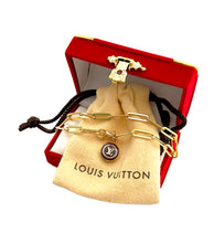 Load image into Gallery viewer, Repurposed Louis Vuitton Gold & Café Charm Paper Clip Bracelet