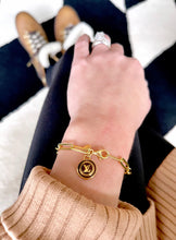 Load image into Gallery viewer, Repurposed Louis Vuitton Gold & Café Charm Paper Clip Bracelet