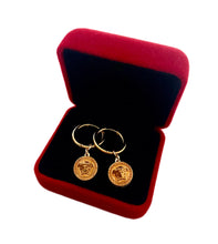 Load image into Gallery viewer, Repurposed Gold Versace Medusa Hoop Earrings