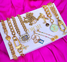 Load image into Gallery viewer, Repurposed Louis Vuitton Gold & Café Charm Paper Clip Bracelet