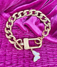 Load image into Gallery viewer, Repurposed Louis Vuitton Keyclasp & Mother of Pearl Butterfly Charm Bracelet