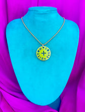 Load image into Gallery viewer, Repurposed Large  Louis Vuitton Lime Green &amp; Magenta Logo Cut~Out Necklace