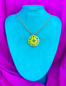 Repurposed Large  Louis Vuitton Lime Green & Magenta Logo Cut~Out Necklace