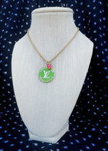 Load image into Gallery viewer, Large Repurposed Louis Vuitton Trunks &amp; Bags Green~Gold Reversible Strawberry Shortcake Necklace