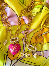 Load image into Gallery viewer, Repurposed Large Louis Vuitton Hot Pink &amp; Gold Reversible Puffy Heart Charm Lollipop Necklace
