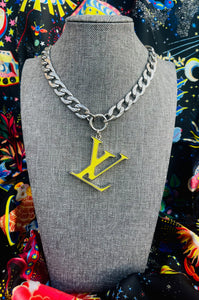 X~Large Repurposed Louis Vuitton Lime Green & Silver Charm Necklace