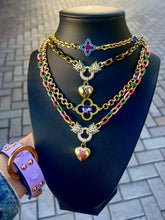 Load image into Gallery viewer, *Very Rare* Large Repurposed Louis Vuitton Purple &amp; Lime Green Swarovski Crystal Flower Charm Necklace