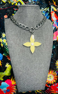 X~Large Repurposed Louis Vuitton Light Yellow & Silver Flower Charm Necklace