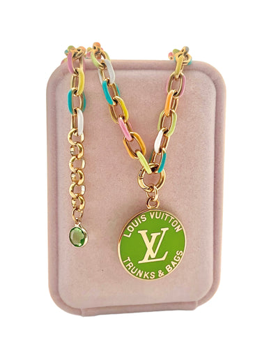 *Rare* Large Repurposed Green & Gold Louis Vuitton Trunks & Bags Coin Necklace