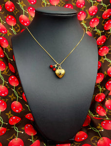 Medium Repurposed Louis Vuitton Black & Gold Signature Logo Puffy Heart Charm & 🍒 Necklace