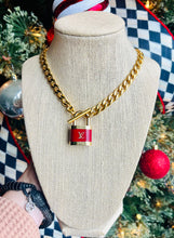 Load image into Gallery viewer, Repurposed Louis Vuitton Burgundy &amp; Gold Padlock Necklace