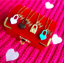 Load image into Gallery viewer, Repurposed Mini Gold Tone CC Charm &amp; Black Heart Lock Necklace