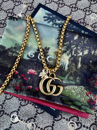 Repurposed Gold Medium Interlocking GG & Bee Charm Gucci Necklace