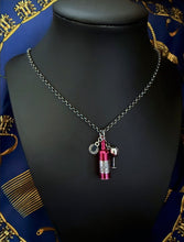 Load image into Gallery viewer, Repurposed Navy Blue &amp; Silver Tone Louis Vuitton Charm &amp; Red Wine/Glass Necklace