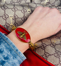 Load image into Gallery viewer, *Very Rare* Repurposed Gucci Bee Charm Red &amp; Gold Tone Vintage Bracelet