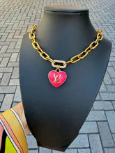 Load image into Gallery viewer, Repurposed Large Louis Vuitton Hot Pink &amp; Gold Reversible Puffy Heart Charm Lollipop Necklace