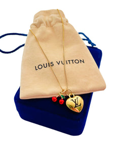 Medium Repurposed Louis Vuitton Black & Gold Signature Logo Puffy Heart Charm & 🍒 Necklace