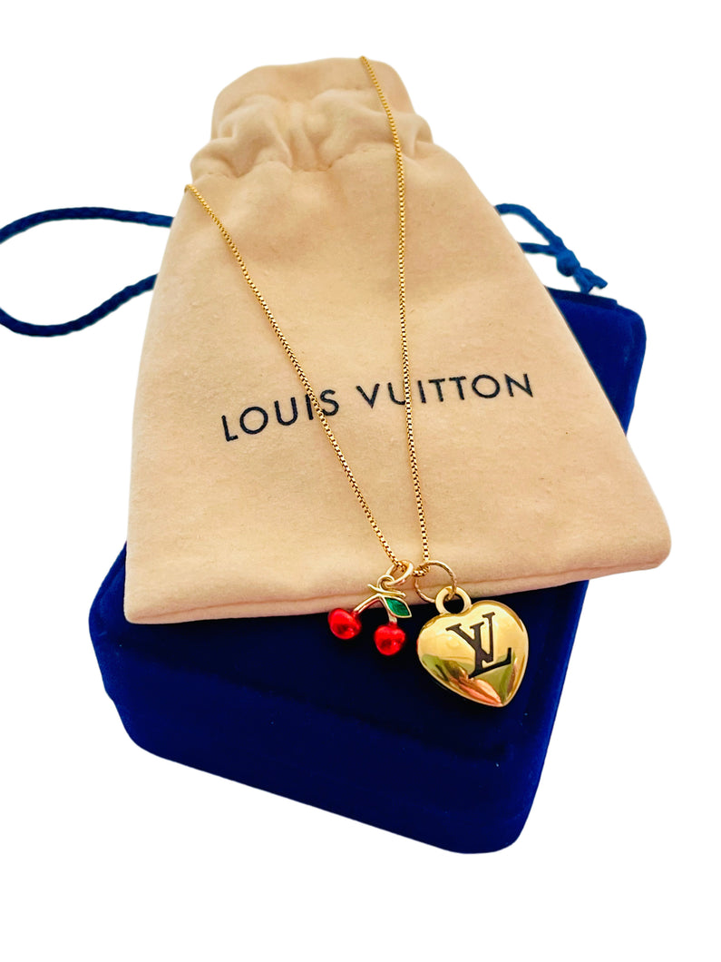 Medium Repurposed Louis Vuitton Black & Gold Signature Logo Puffy Heart Charm & 🍒 Necklace