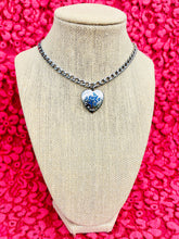 Load image into Gallery viewer, Repurposed 1980’s Vintage CC “Ne M’oublie Pas” Blue Enameled Heart Charm Necklace