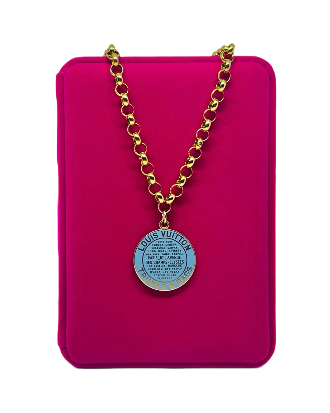 X~Large Repurposed Louis Vuitton Trunks & Bags Blue~Gold Reversible Necklace