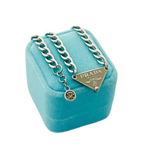 Load image into Gallery viewer, Repurposed Beige &amp; Silver PRADA Tag Hardware Necklace
