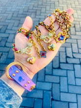 Load image into Gallery viewer, *Very Rare* Large Repurposed Louis Vuitton Purple &amp; Lime Green Swarovski Crystal Flower Charm Necklace