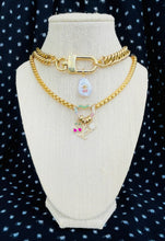 Load image into Gallery viewer, Repurposed Louis Vuitton Logo Charm &amp; Heart Shaped Carabiner Charm Necklace