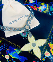 Load image into Gallery viewer, X~Large Repurposed Louis Vuitton Light Yellow &amp; Silver Flower Charm Necklace