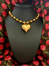 Load image into Gallery viewer, X~Large Repurposed Louis Vuitton Signature Flower Charm &amp; Puffy Heart Statement Necklace