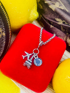 Repurposed Navy Blue & Silver Tone Louis Vuitton Eiffel Tower Travel Necklace