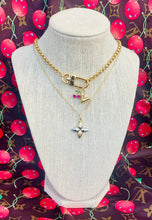 Load image into Gallery viewer, Repurposed Louis Vuitton Puffy V Logo Charm &amp; Heart Shaped Cerises KeyClap Necklace