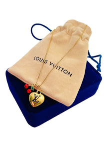 Medium Repurposed Louis Vuitton Black & Gold Signature Logo Puffy Heart Charm & 🍒 Necklace