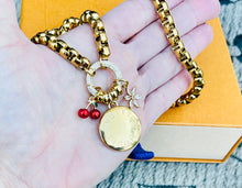 Load image into Gallery viewer, Repurposed Large Louis Vuitton Disc &amp; Cherry/Snowflake Charm Necklace