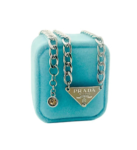 Repurposed Beige & Silver PRADA Tag Hardware Necklace