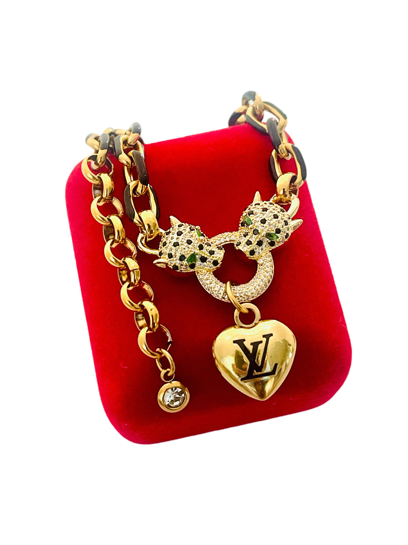 Repurposed Black & Gold Louis Vuitton Puffy Heart Crystal Pavè Leopard Necklace