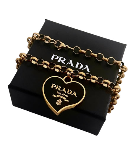 Repurposed X~Large Gold & Black Prada Heart Necklace(excluded from discount)