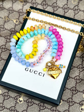 Load image into Gallery viewer, Repurposed Gucci Tag Multicolored Heart Crystal Carabiner Necklace/Gold Tone Chain Included