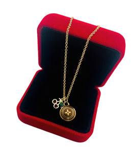 Repurposed Louis Vuitton Gold & Café Signature Flower Coin & Cherry Charm Necklace