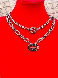 1990’s Repurposed Gucci Foster Green & Silver Tone Interlocking GG Charm Necklace