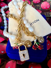 Load image into Gallery viewer, Repurposed Louis Vuitton Gold &amp; Cafè Coin Asymmetrical Freshwater Pearl Necklace