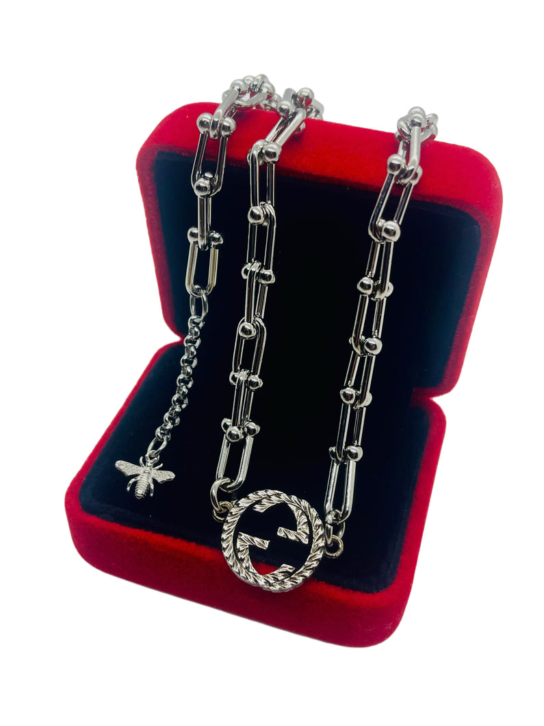 Repurposed Gucci Interlocking GG Carved Sterling Charm & Bee Necklace
