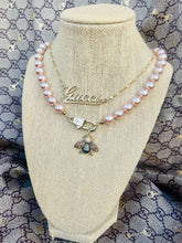 Load image into Gallery viewer, Repurposed Gucci KeyClasp &amp; Crystal Bee Champagne Pearl like Vintage Necklace